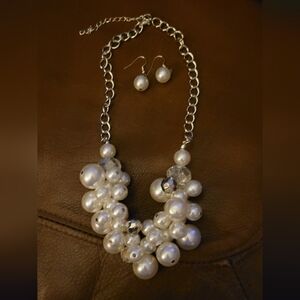 Pearl Faux Cluster Necklace & Earrings Silver Tone Set